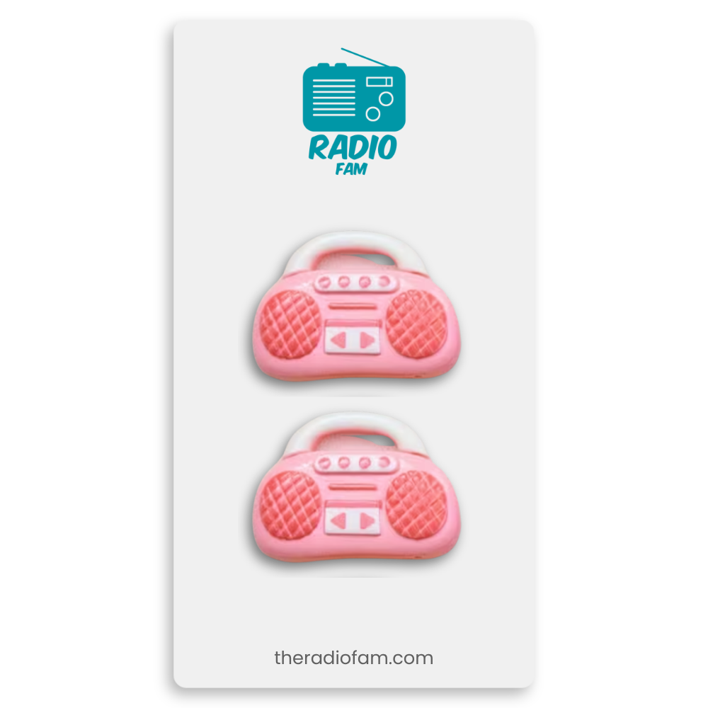 Pink radio-shaped charms on a white card with 'Radio Fam' branding.